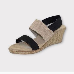 Charleston Shoe Co. Cooper Black/Tan/Linen Espadrille Wedge Sandals - 6